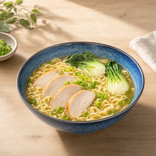 Blue bowl, four chicken slices, two bok choy portions, scallions and noodles remain recognizable.