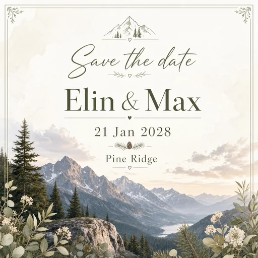 Save-the-date card for Elin & Max, 21 Jan 2028, Pine Ridge.