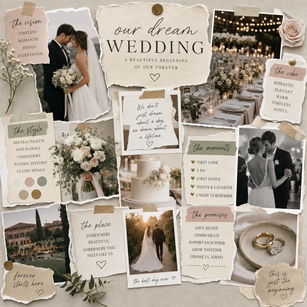 A wedding vision board layers romantic celebration images with style, moments and promises sections.