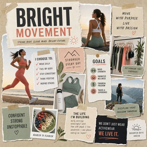 Bright Movement activewear vision board with exercise and purposeful lifestyle goals.