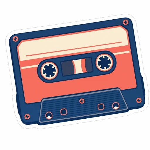 An unbranded coral, navy and cream retro cassette sticker with a white die-cut margin on a plain white background.