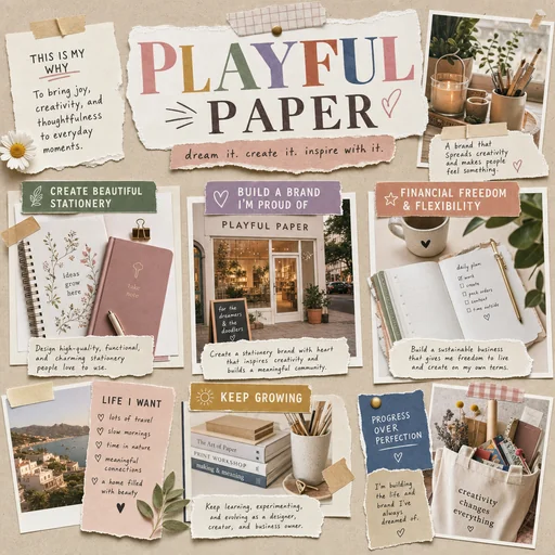 PLAYFUL PAPER stationery vision board with colorful cutouts, stationery goals and textured taped paper.