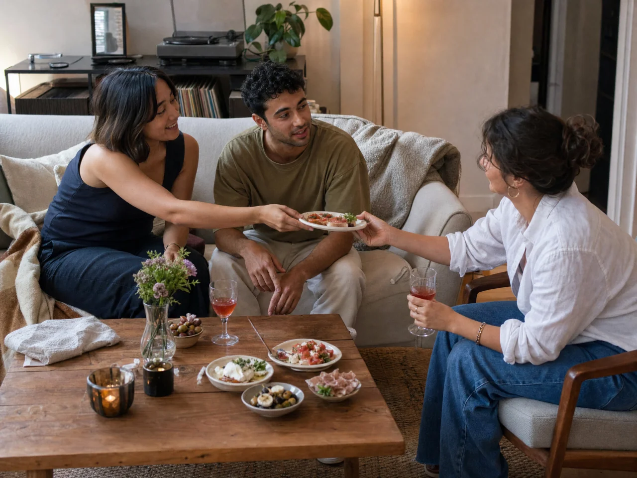 A small group of friends on a living room sofa laughing and sharing appetizers in a cozy setting
