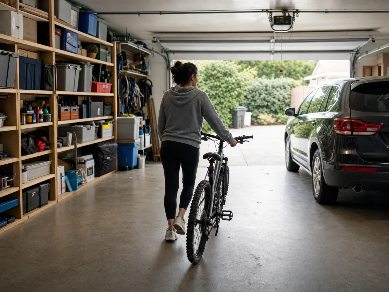 Wide view of a tidy garage with open central floor, shelving with grouped boxes, and a person rolling a bicycle through the cleared space
