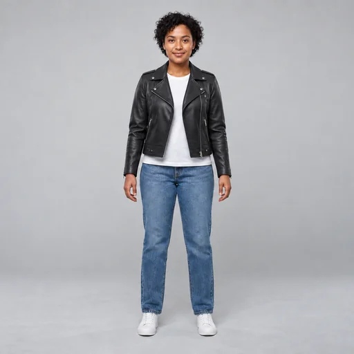 A woman stands against a gray studio background wearing a black leather jacket, white shirt, blue jeans, and white sneakers.