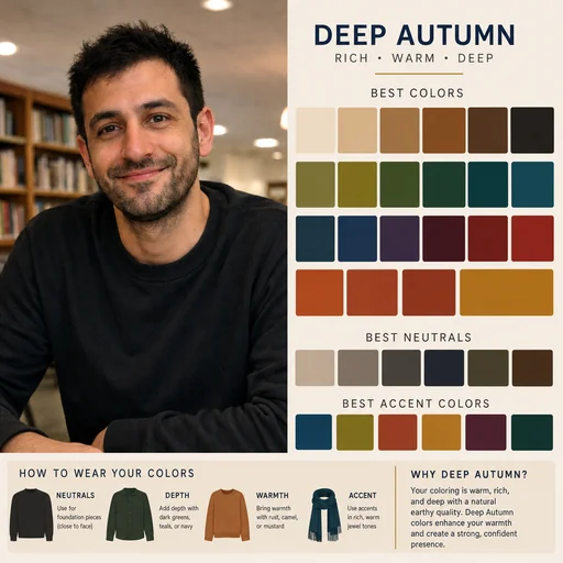 Seasonal color palette beside the recognizable original black-shirt library portrait.