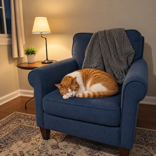An orange-and-white cat sleeps curled on a blue armchair beside a warm lamp and a knitted throw.