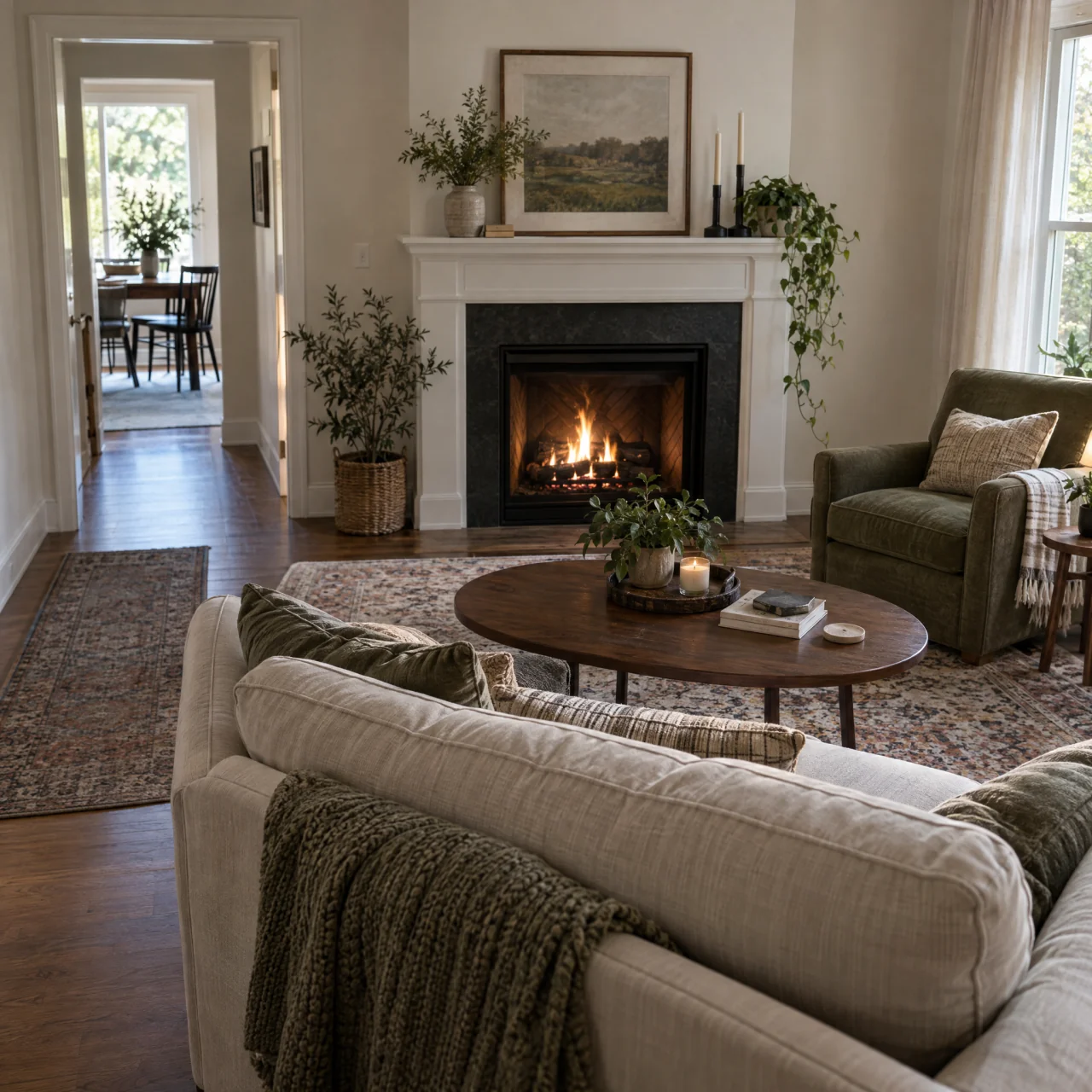 View from behind a compact sofa facing a fireplace, with an oval coffee table in between, an armchair to the right, and a clear passage to a doorway on the left.