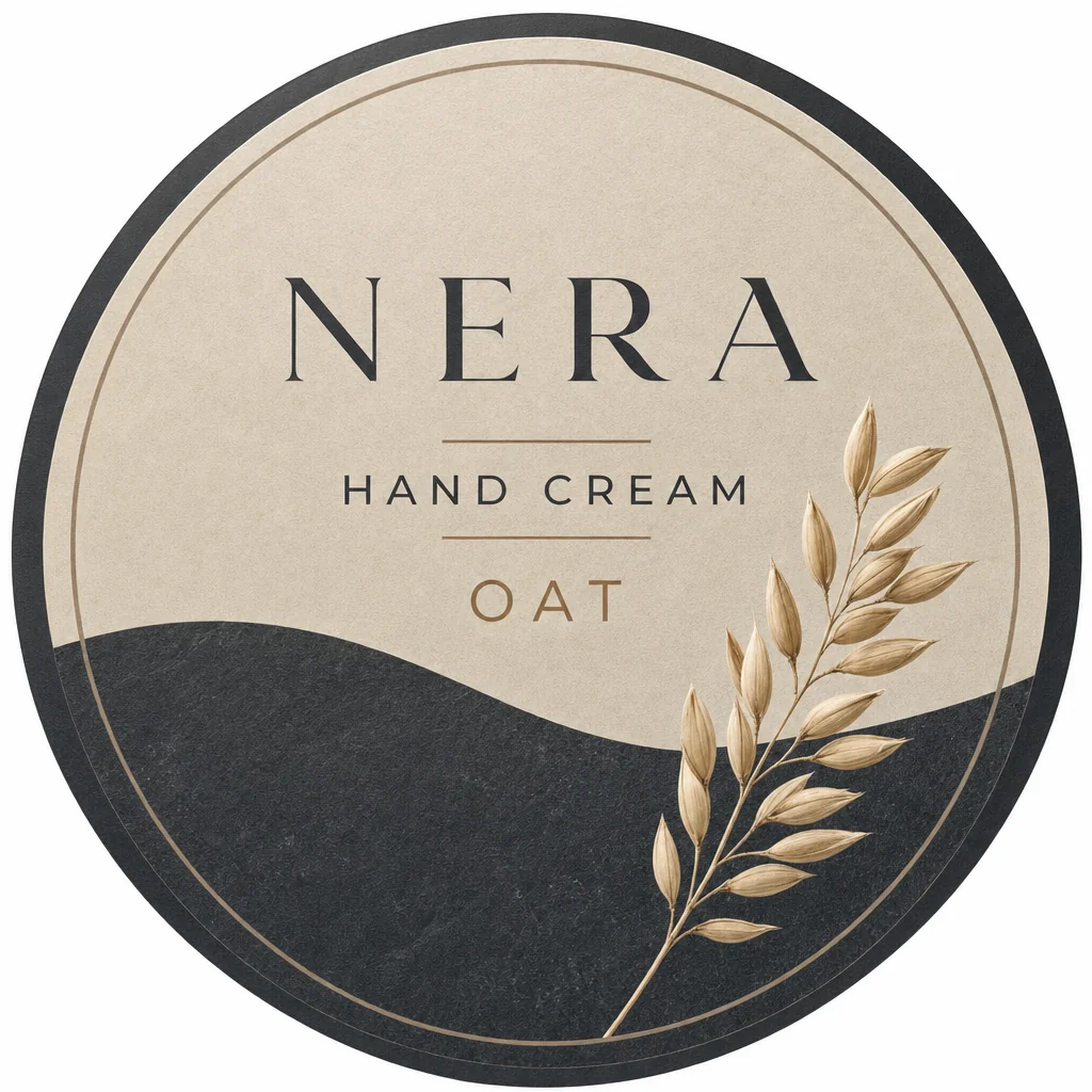NERA hand cream label with sand and charcoal sections and one oat sprig.