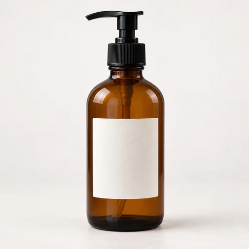 Amber glass pump bottle with a black dispenser and blank cream label on a pale studio background with a soft shadow.