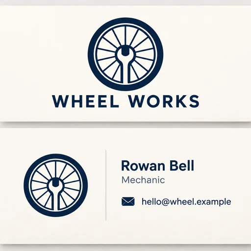 WHEEL WORKS two-sided business card with navy wheel-and-wrench logo and Rowan Bell contact details.