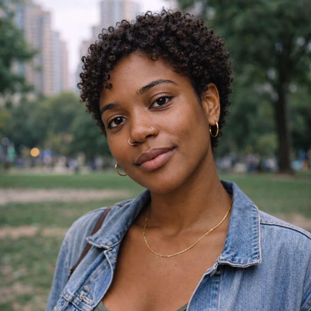 A woman with a short curly haircut wears gold hoop earrings and a denim jacket in a park.