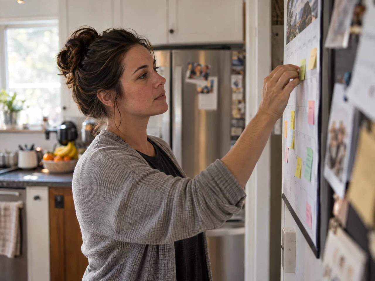 An adult repositions a sticky note on a kitchen wall calendar, viewed obliquely from beside the wall.