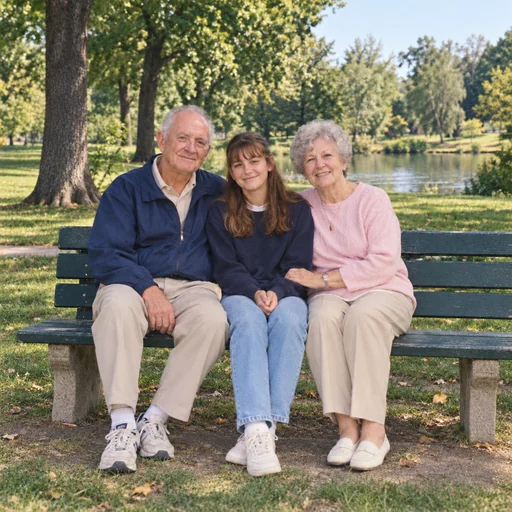 A restored color photograph of grandparents and their granddaughter on a park bench.