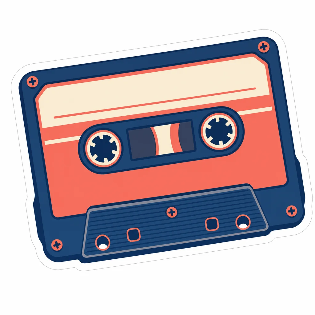 An unbranded coral, navy and cream retro cassette sticker with a white die-cut margin on a plain white background.