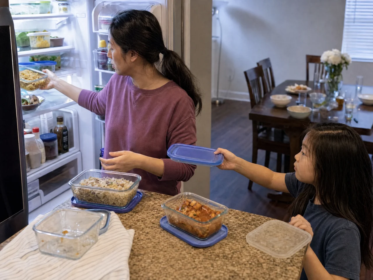 Parent placing small containers of leftovers into the fridge while a child hands a lid; serving bowls are mostly empty on the cleared table behind them.