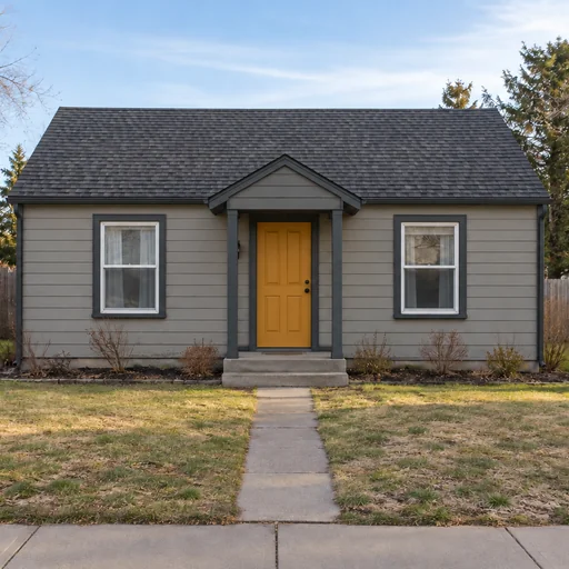 Small house with warm-gray siding, charcoal trim and an ochre door, with its existing lawn and concrete path.