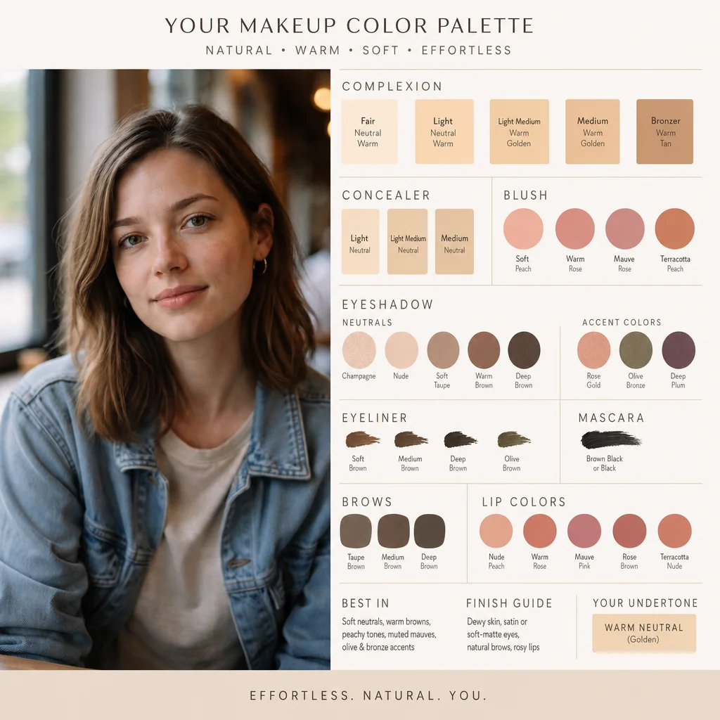 Makeup color board with the original denim-jacket portrait and labeled cosmetic swatches.