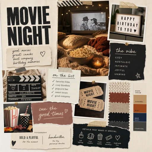 Movie Night birthday moodboard with popcorn, cozy blankets and cinema tickets.