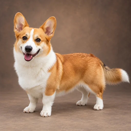 A tan-and-white corgi stands with upright ears against a warm-brown studio backdrop.