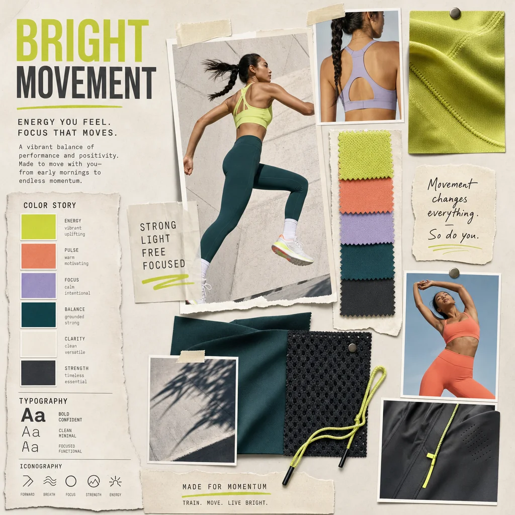 Bright Movement activewear moodboard with vivid athletic imagery and textile swatches.