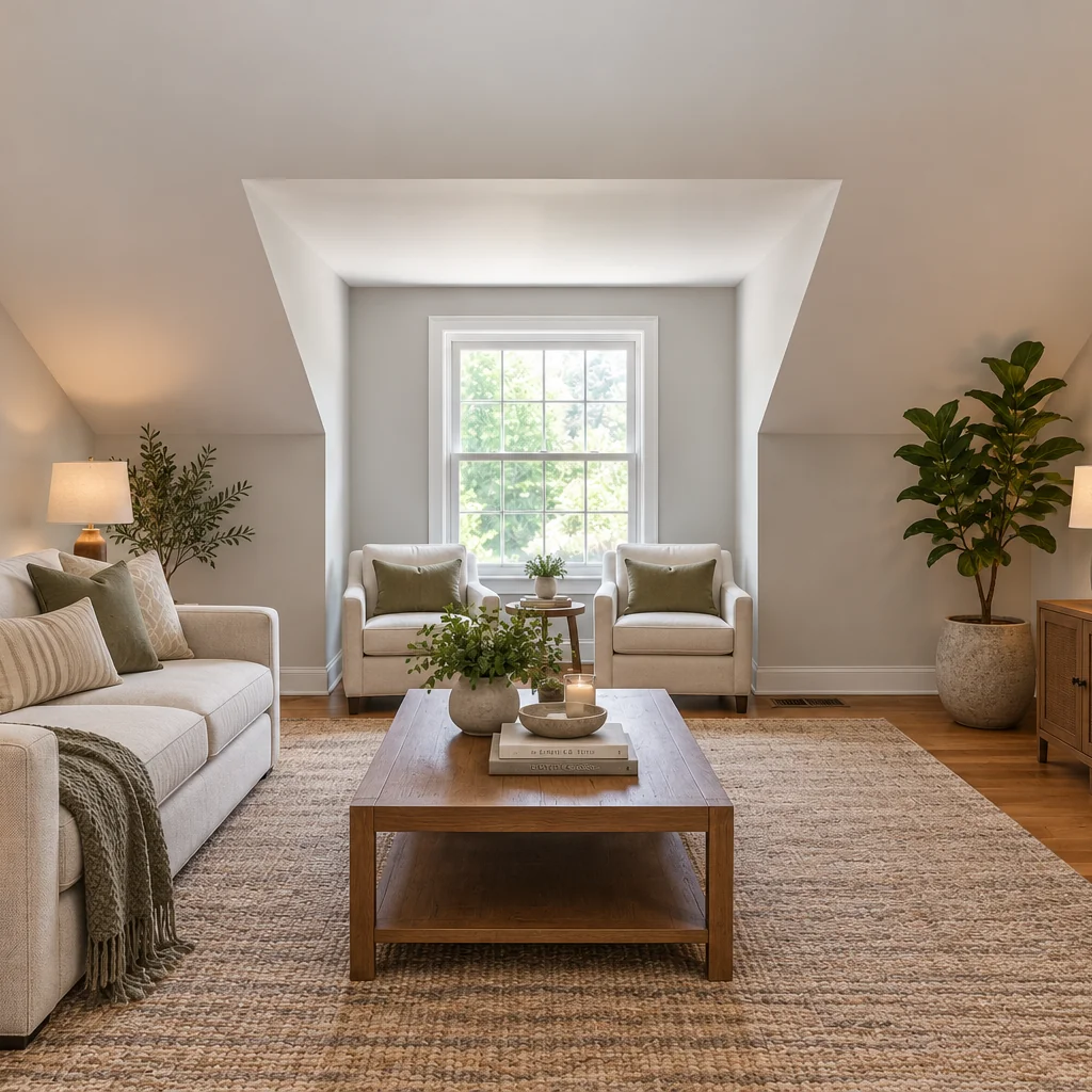 Attic living room staged with a cream sofa, two window chairs, wood coffee table, media console, lamps and plants.
