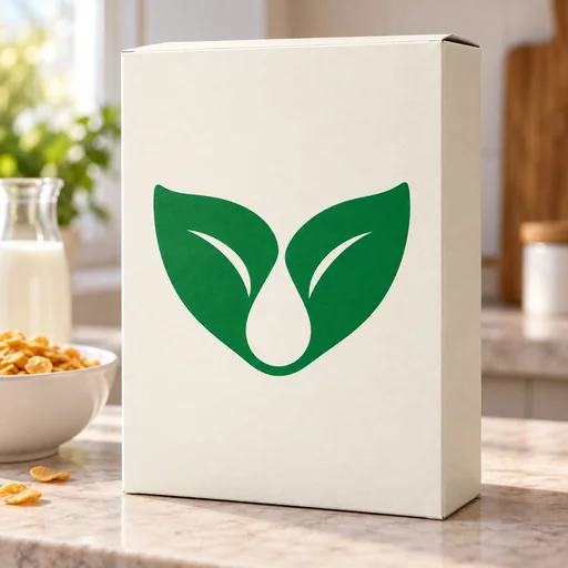An ivory cereal-box mockup bearing the supplied green leaf-and-drop logo.