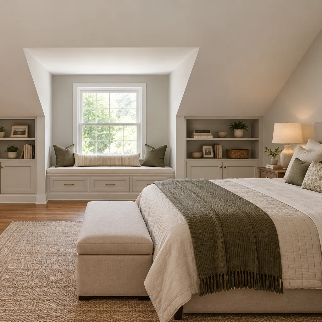 Attic bedroom with a cream bed, olive throw, dresser and built-in storage around a window seat.