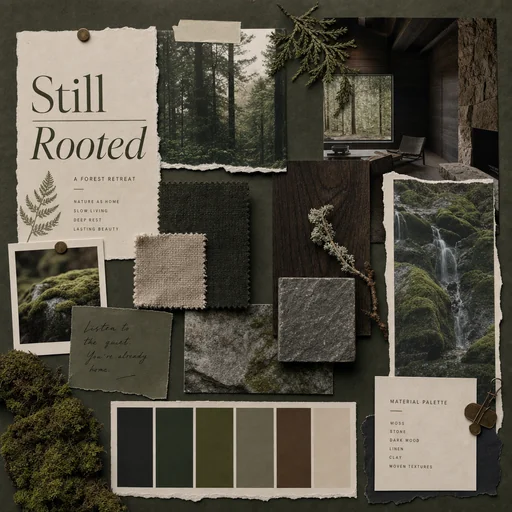 Forest retreat moodboard with moss, stone, dark wood and Still and Rooted type cues.