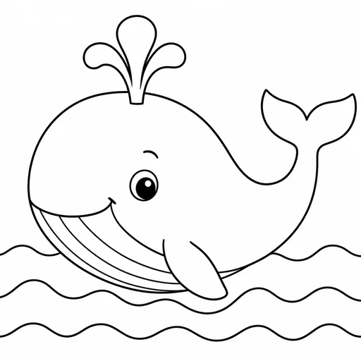 Whale complete with bold fillable outlines, simple waves and no text/gray fills. Waves meet page edge intentionally; principal subject retained..