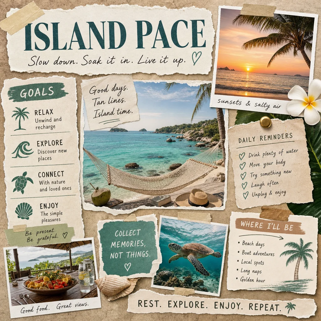 Island Pace travel vision board with a beach hammock, sunset, sea turtle and organized relaxed-holiday goals.