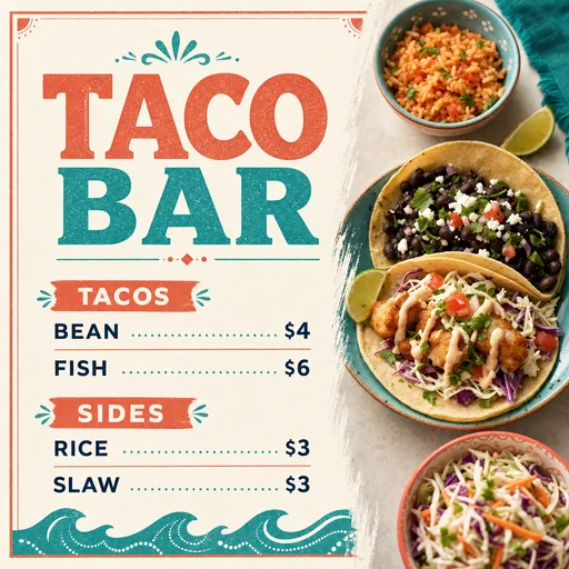 Coral and teal taco menu with exact taco and side prices.