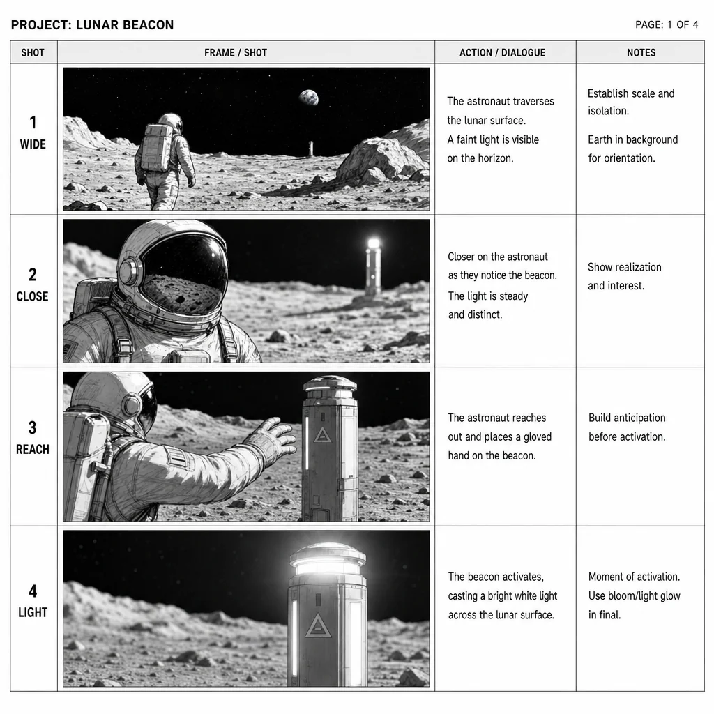Four storyboard frames show an astronaut discovering a lunar beacon, labeled WIDE, CLOSE, REACH and LIGHT.
