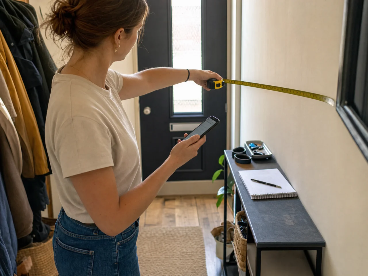 A person in a narrow entry holding a tape measure and smartphone while jotting notes on a small pad.