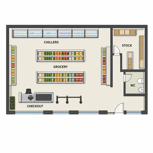 Specialty food market floor plan with chillers, two grocery aisles, checkout, stockroom and WC.