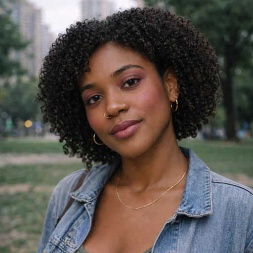 A woman with black curls and a denim jacket wearing mauve eye, cheek, and lip makeup.