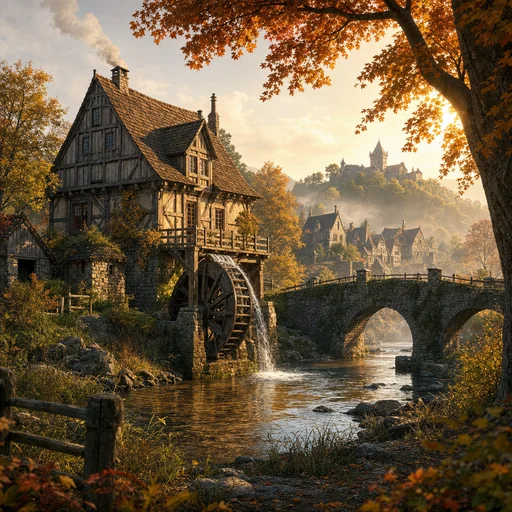 Fictional medieval riverside mill with a timber waterwheel, an arched stone bridge and golden autumn morning light.