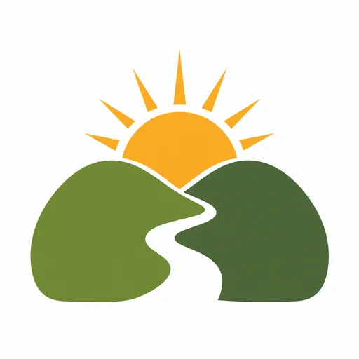 Walking club logo with two green hills and orange rising sun.