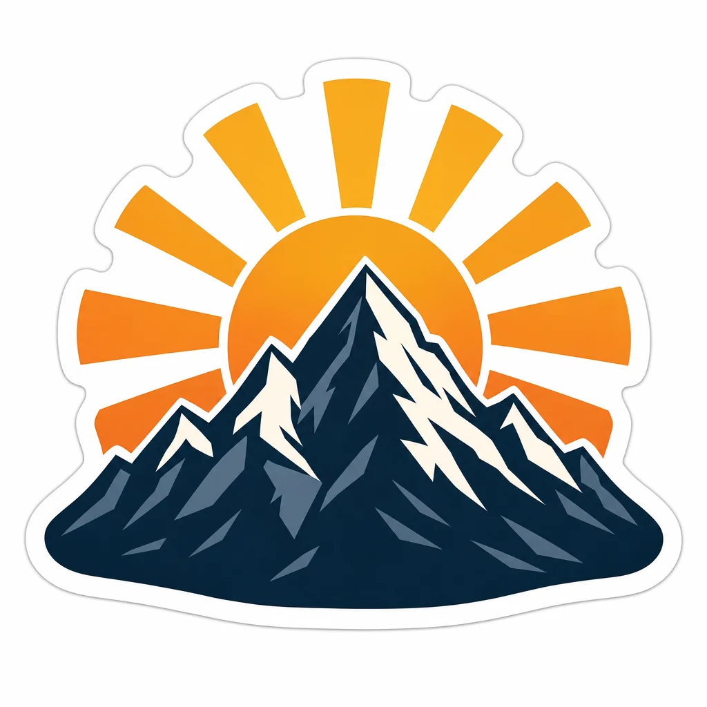A compact mountain-ridge and rising-sun sticker with bold navy, cream and orange shapes.
