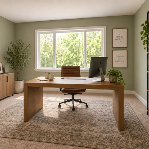 Sage-green home office with an oak desk, leather chair, desktop monitor and wooden storage furniture.