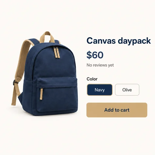 Canvas daypack, $60, No reviews yet, Color Navy/Olive with Navy selected, Add to cart retained.