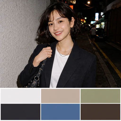 Portrait above six wardrobe color swatches in a three-column, two-row grid.