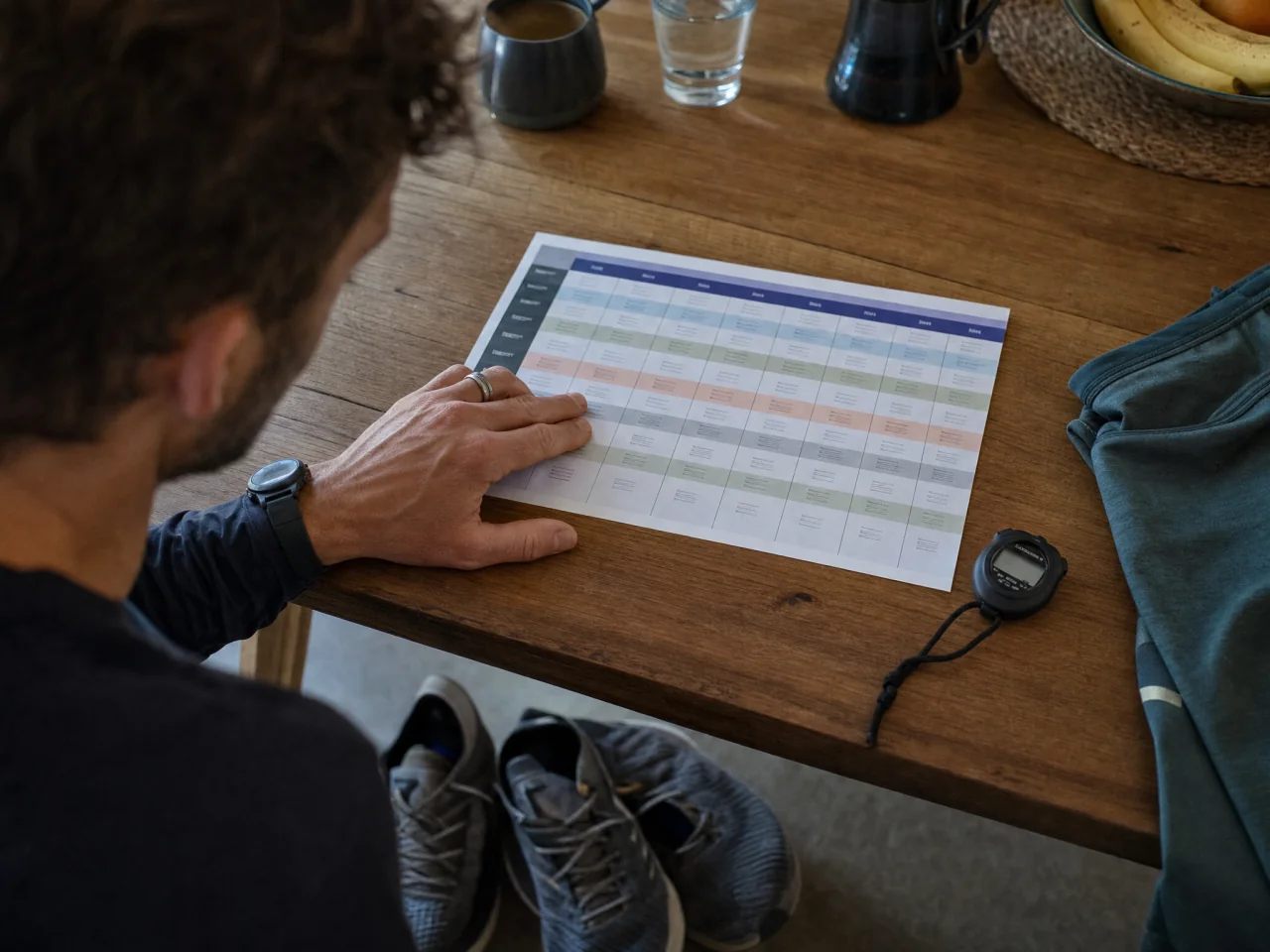 Printed eight-week schedule card on a wooden table with a stopwatch and running shoes nearby; the card's table layout is visible but not readable.