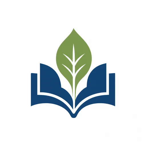 Library logo combining an open blue book and green leaf.