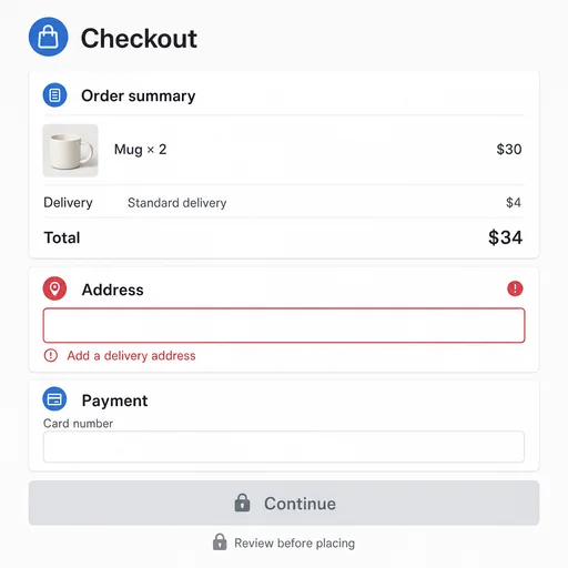 Mug checkout with $34 total, address error and disabled Continue button.