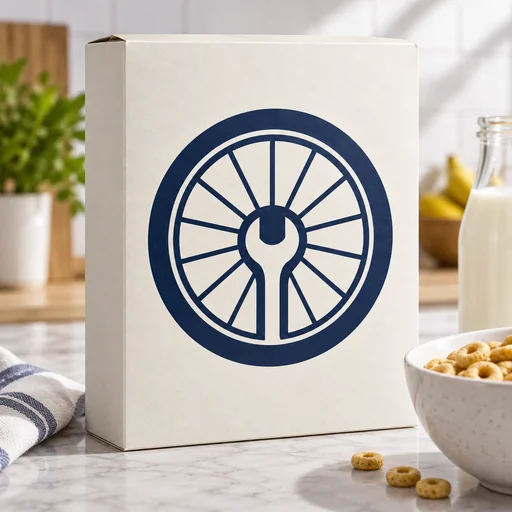 An ivory cereal-box mockup bearing the supplied navy wheel-and-wrench logo.