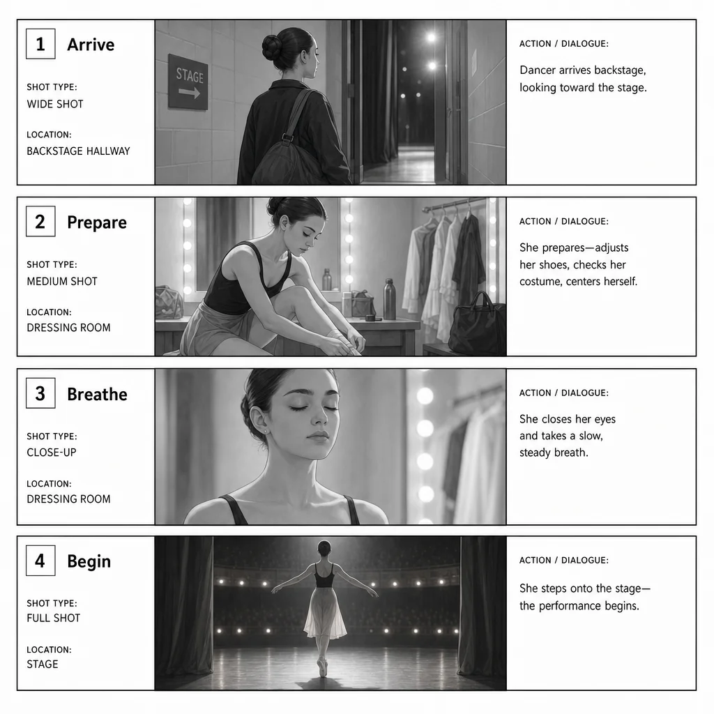 Four-frame dancer preparation storyboard with Arrive, Prepare, Breathe and Begin stages.