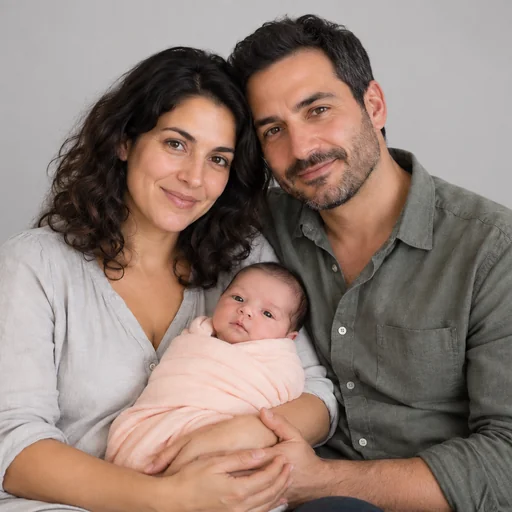 Two dark-haired parents hold a baby wrapped in peach against a soft gray studio background.