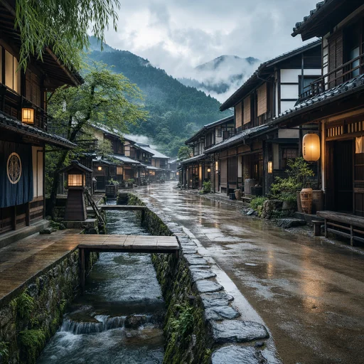 Fictional Edo-era timber post-town street after rain, with a stone drainage channel and soft daylight.