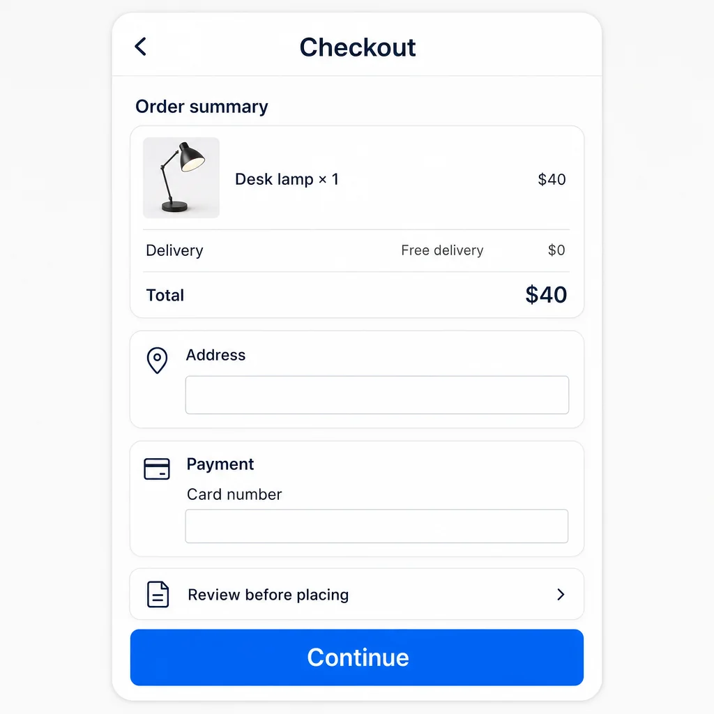 Lamp checkout with free delivery, $40 total, empty fields and review guidance.